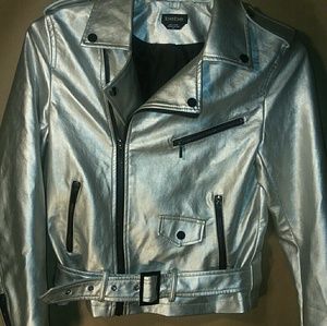 Silver BeBe pleather moto jacket size M.